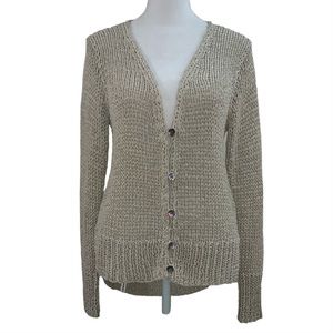 Eileen Fisher Long Sleeve Silk Trim Knitted V-Neck Button Front Sweater Size S